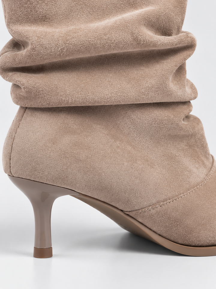 Beige faux suede ruched kitten heel ankle boot – kitten heel close-up