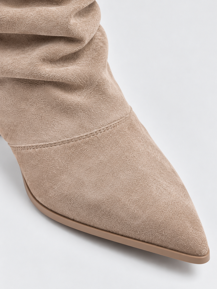 Beige faux suede ruched kitten heel ankle boot – pointed toe close-up