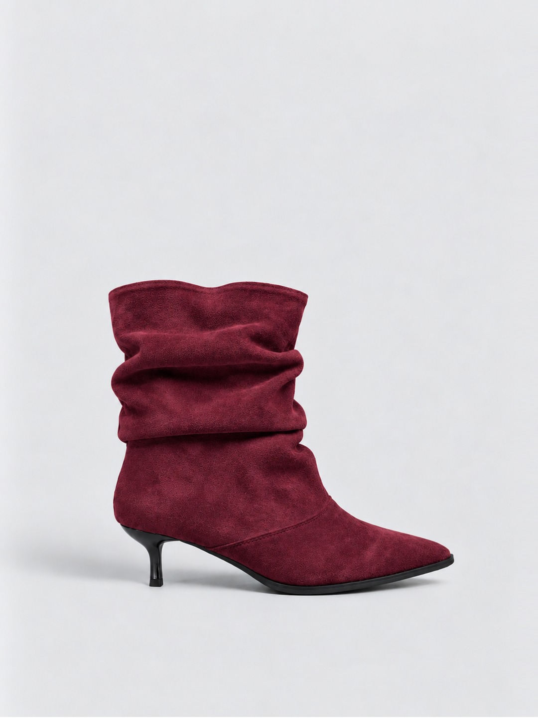 Burgundy faux suede ruched kitten heel ankle boot – side view