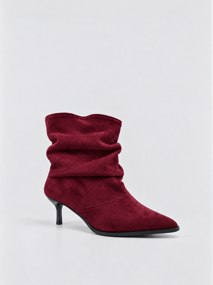 Burgundy faux suede ruched kitten heel ankle boot – front three-quarter view