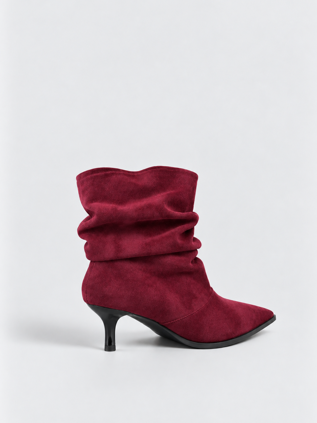 Burgundy faux suede ruched kitten heel ankle boot – back three-quarter view