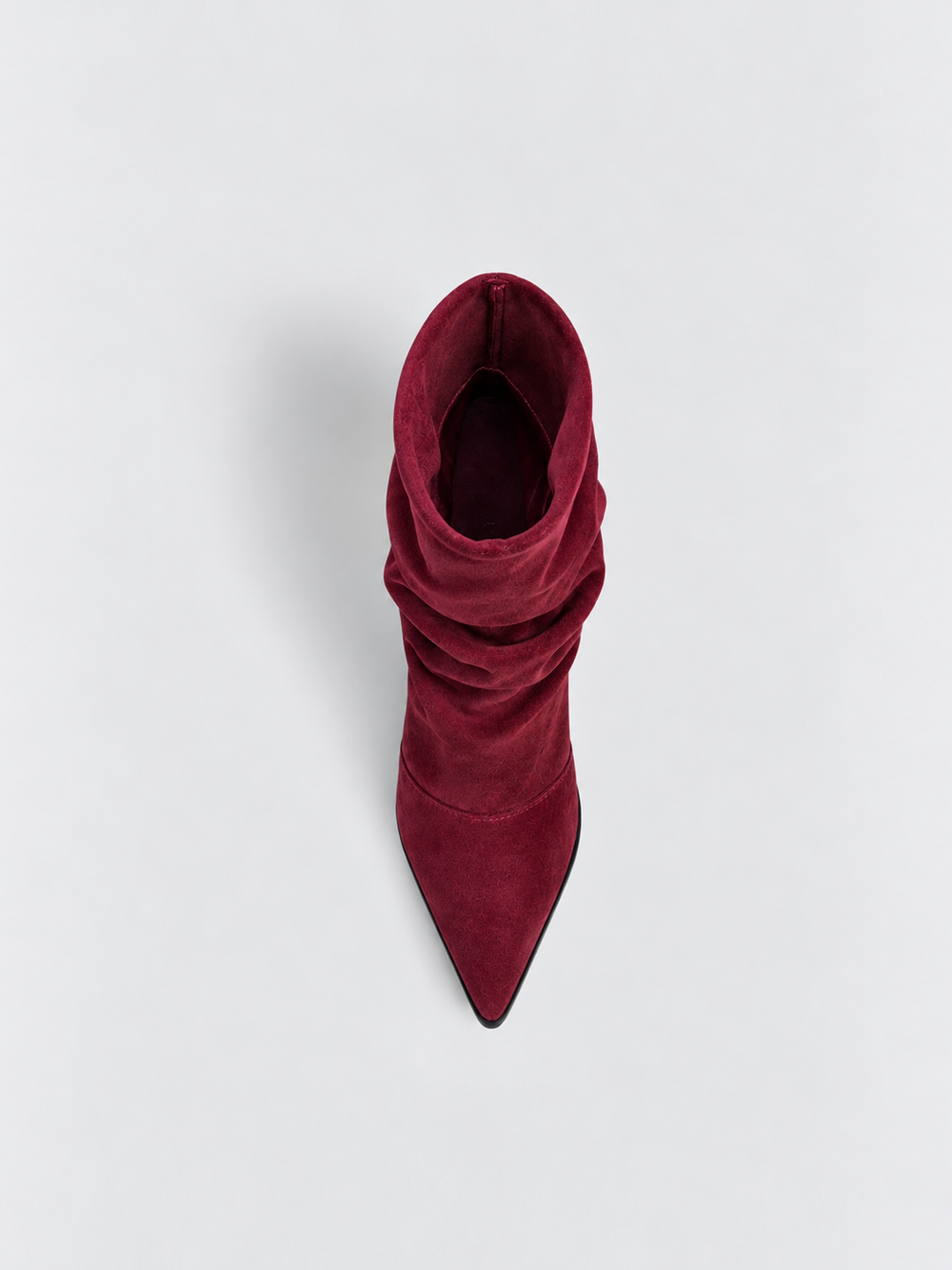 Burgundy faux suede ruched kitten heel ankle boot – top view