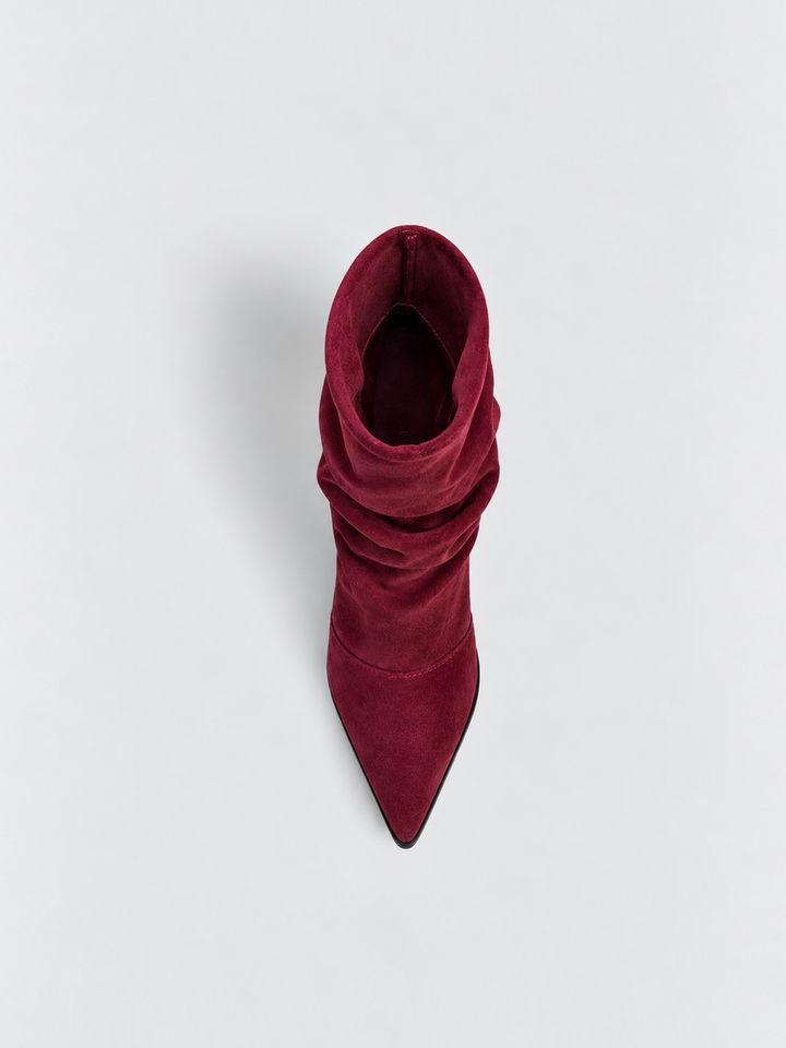 Burgundy faux suede ruched kitten heel ankle boot – top view