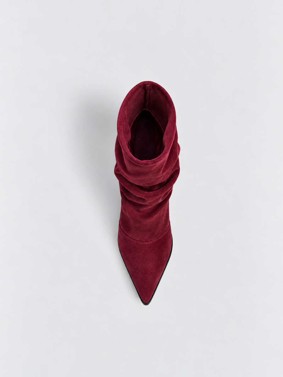 Faux Suede Ruched Kitten Heel Ankle Boot – Burgundy