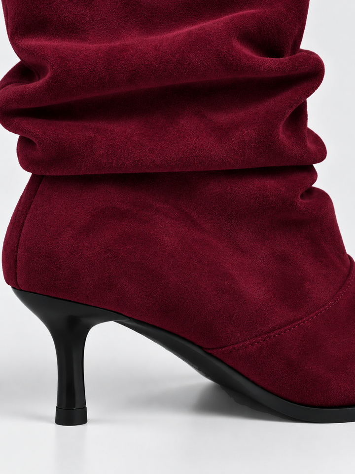 Burgundy faux suede ruched kitten heel ankle boot – kitten heel close-up