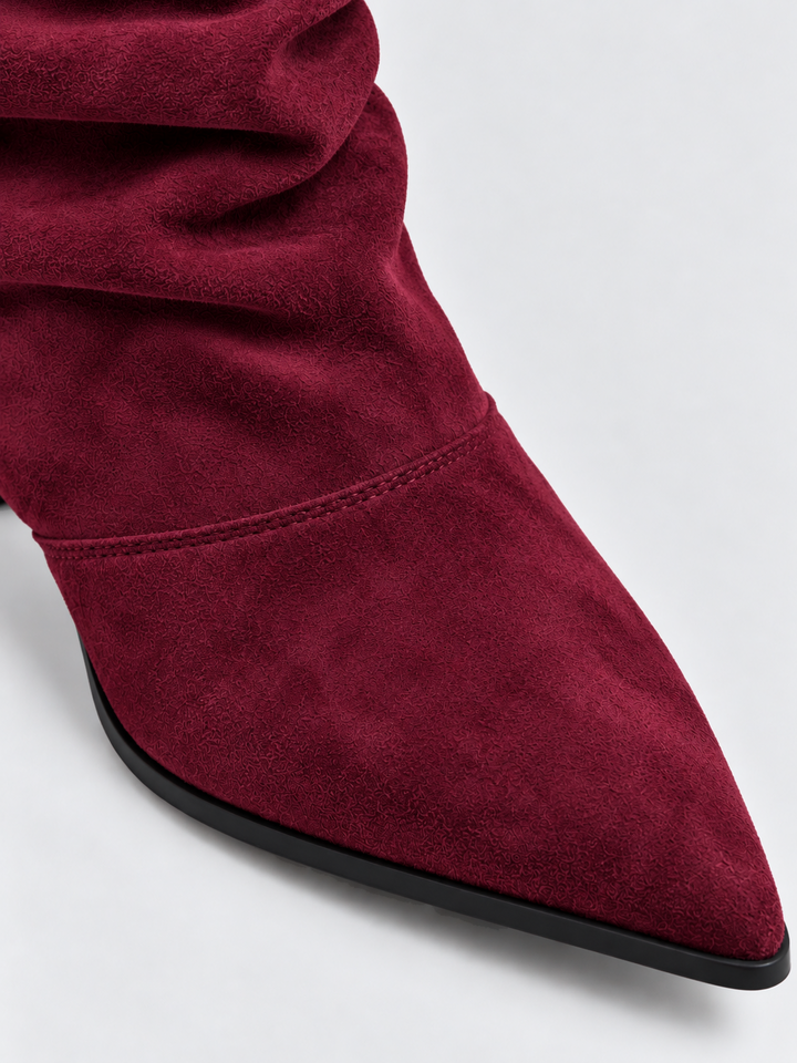 Burgundy faux suede ruched kitten heel ankle boot – pointed toe close-up