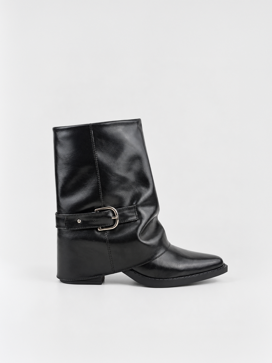 Fold-Over Buckle Ankle Boot Faux Leather – Black