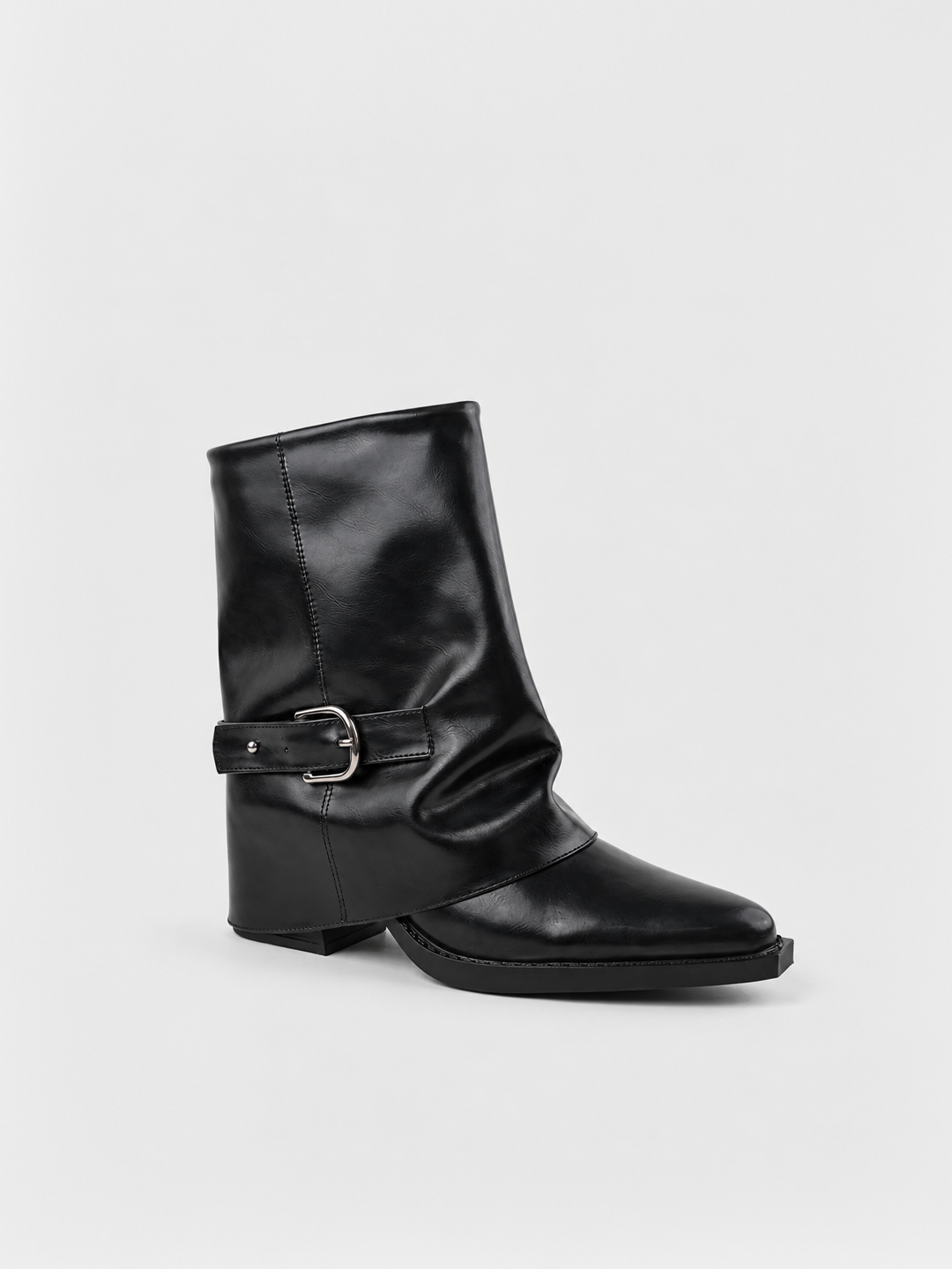 Black fold-over buckle ankle boot faux leather – front three-quarter view