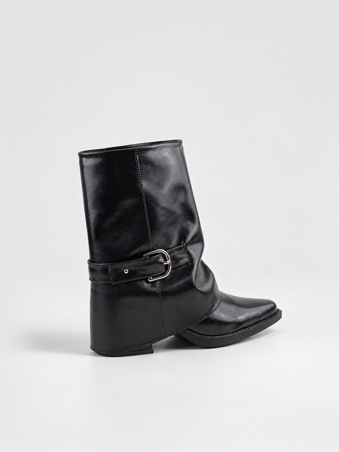 Black fold-over buckle ankle boot faux leather – back three-quarter view