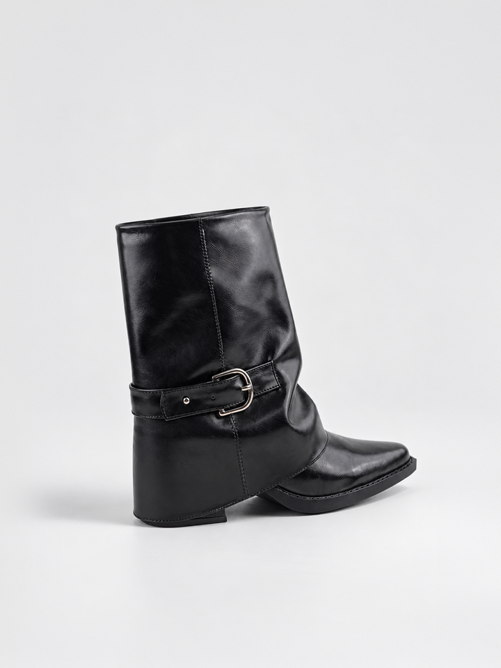 Black fold-over buckle ankle boot faux leather – back three-quarter view