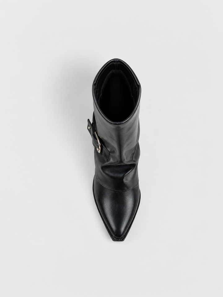 Black fold-over buckle ankle boot faux leather – top view