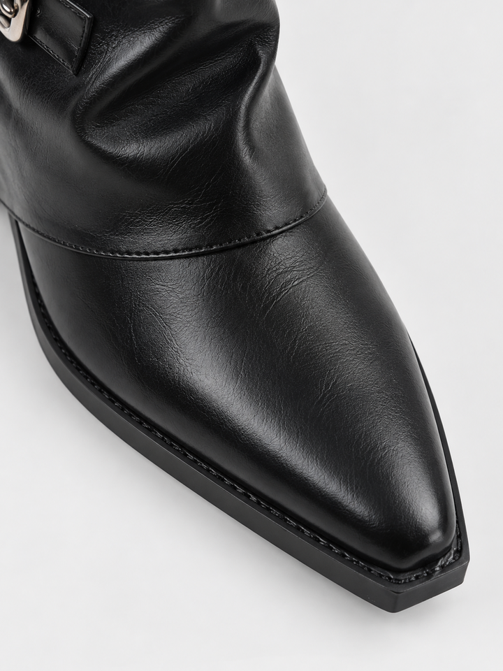 Black fold-over buckle ankle boot faux leather – pointed toe close-up