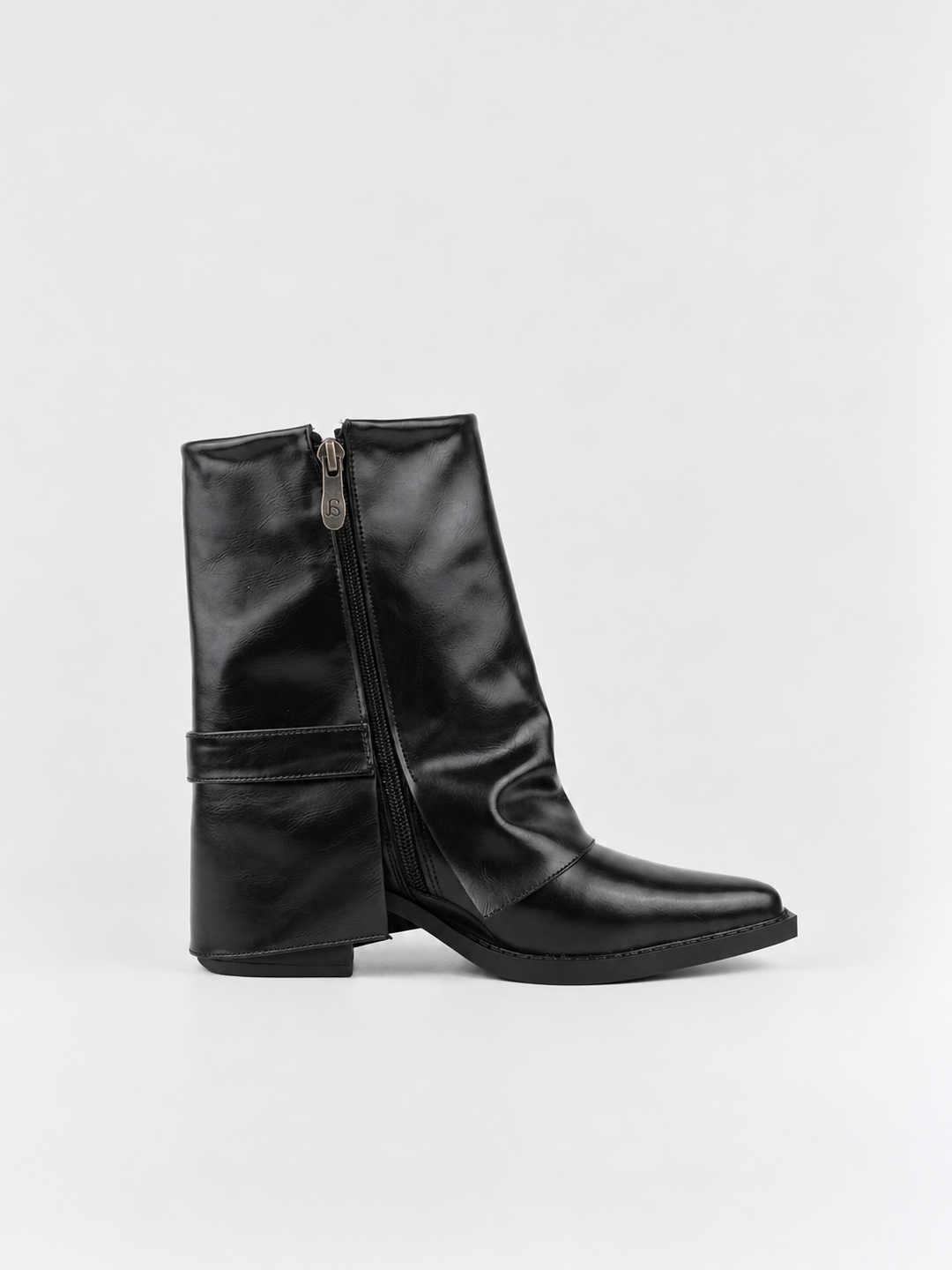 Black fold-over buckle ankle boot faux leather – inner side view showing the zip