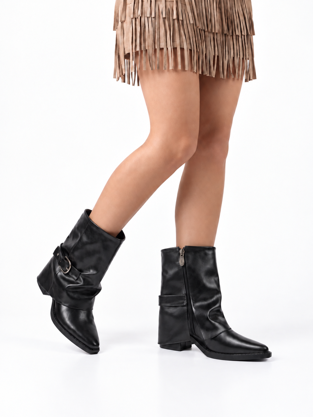Black fold-over buckle ankle boot faux leather – worn on model, walking