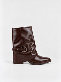 Brown fold-over buckle ankle boot faux leather – side view