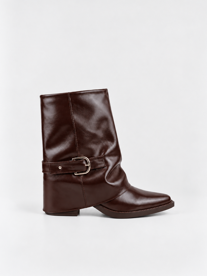 Brown fold-over buckle ankle boot faux leather – side view