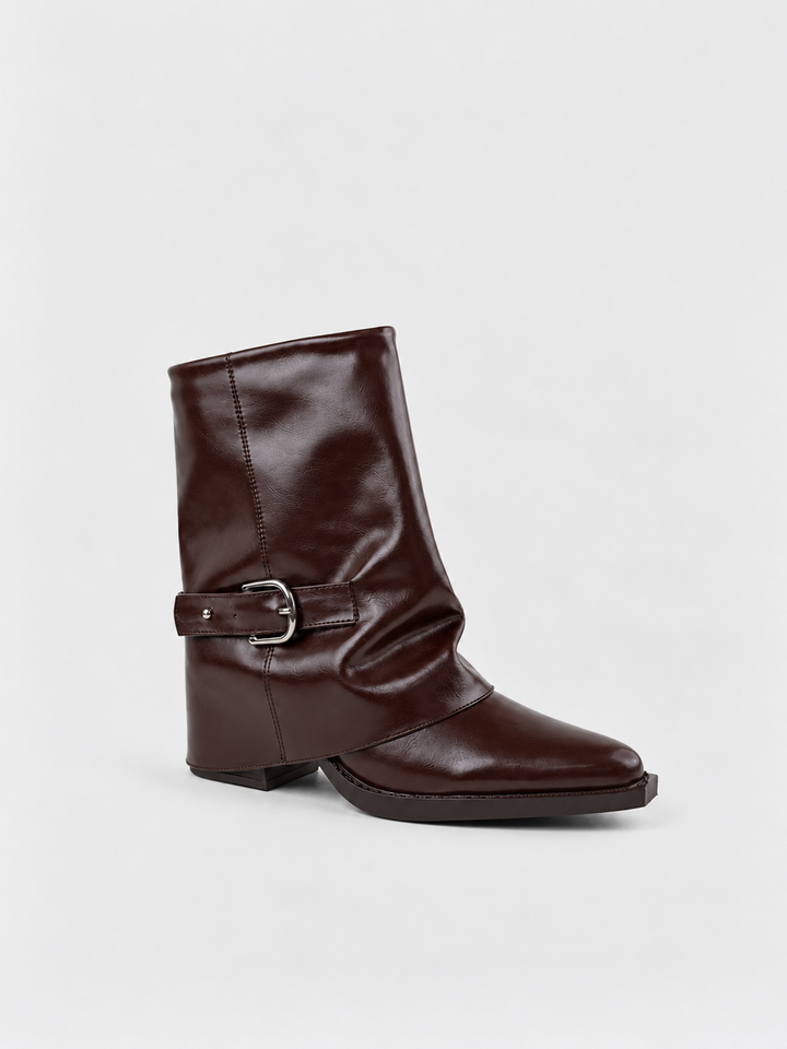 Brown fold-over buckle ankle boot faux leather – front three-quarter view