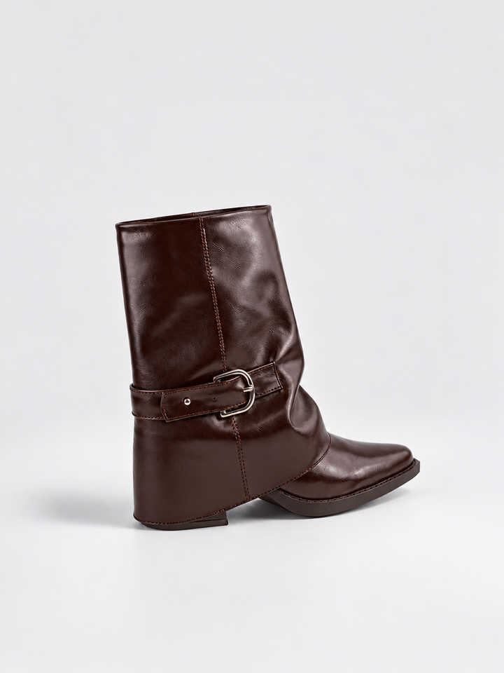 Brown fold-over buckle ankle boot faux leather – back three-quarter view
