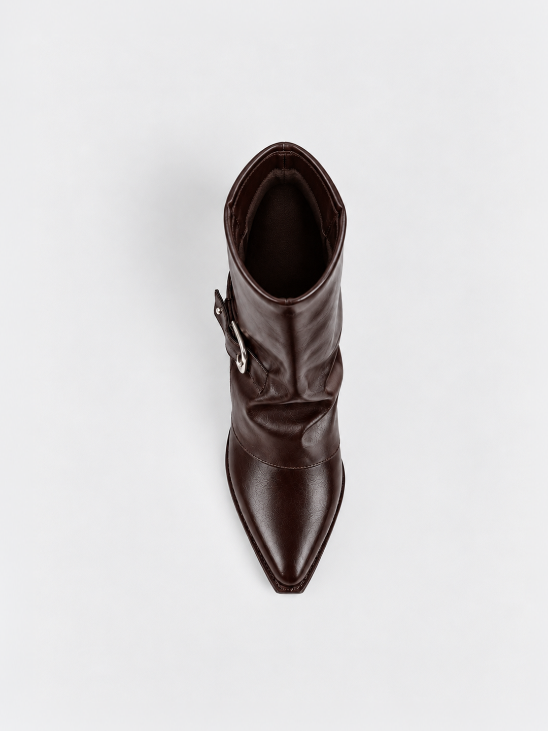 Brown fold-over buckle ankle boot faux leather – top view