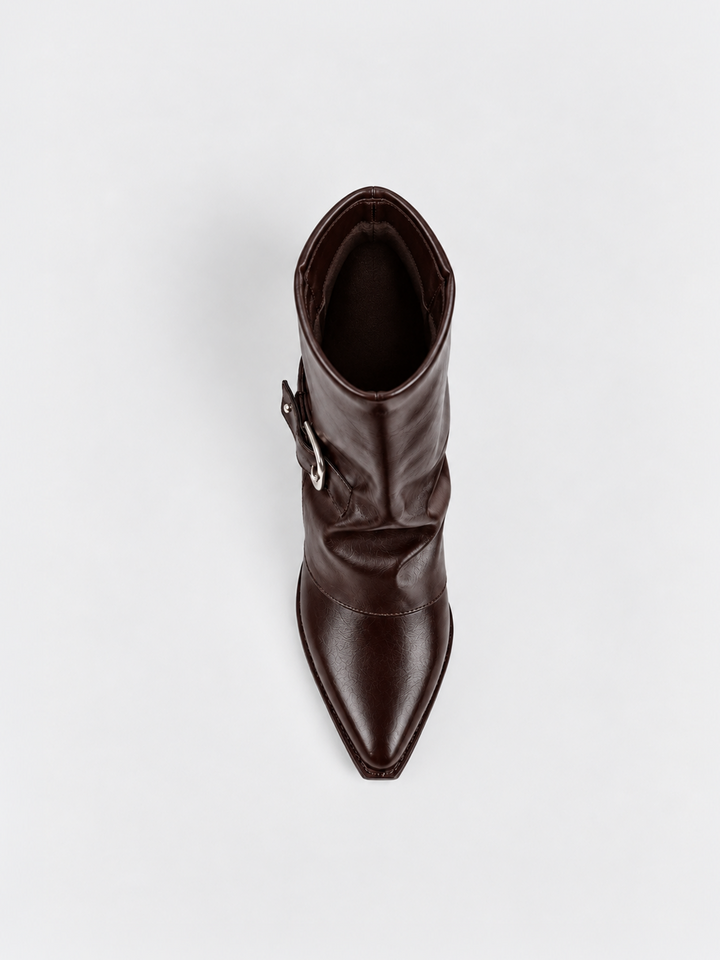 Brown fold-over buckle ankle boot faux leather – top view