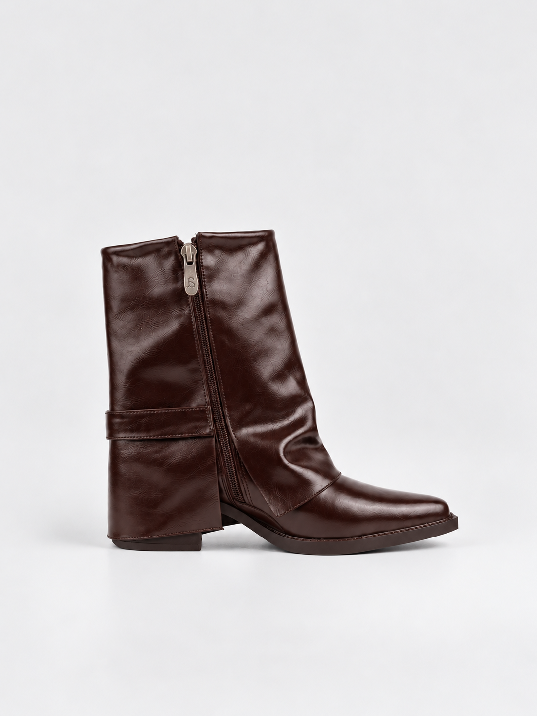 Brown fold-over buckle ankle boot faux leather – inner side view showing the zip