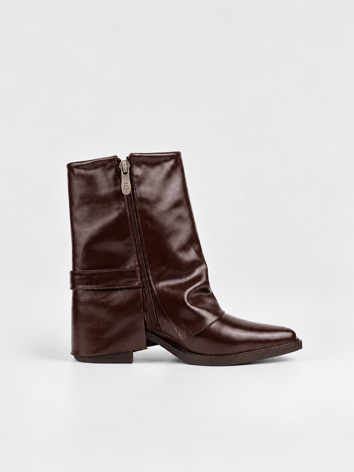 Brown fold-over buckle ankle boot faux leather – inner side view showing the zip