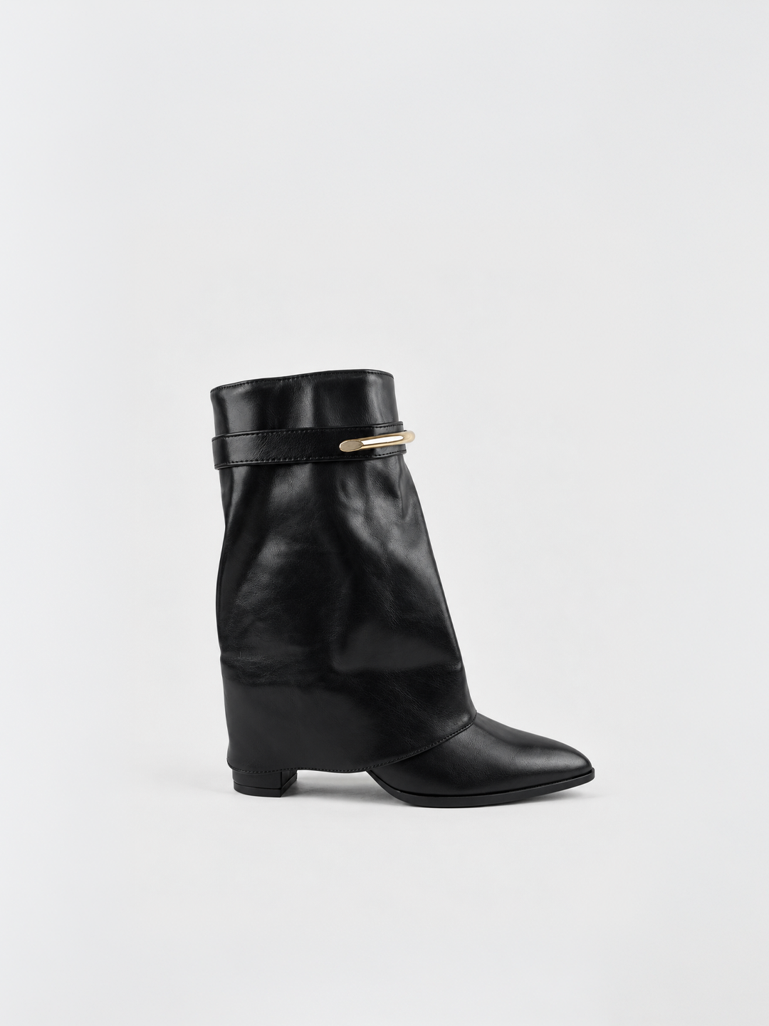 Black fold-over gold bar ankle boot faux leather – side view