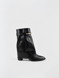 Fold-Over Gold Bar Ankle Boot Faux Leather – Black