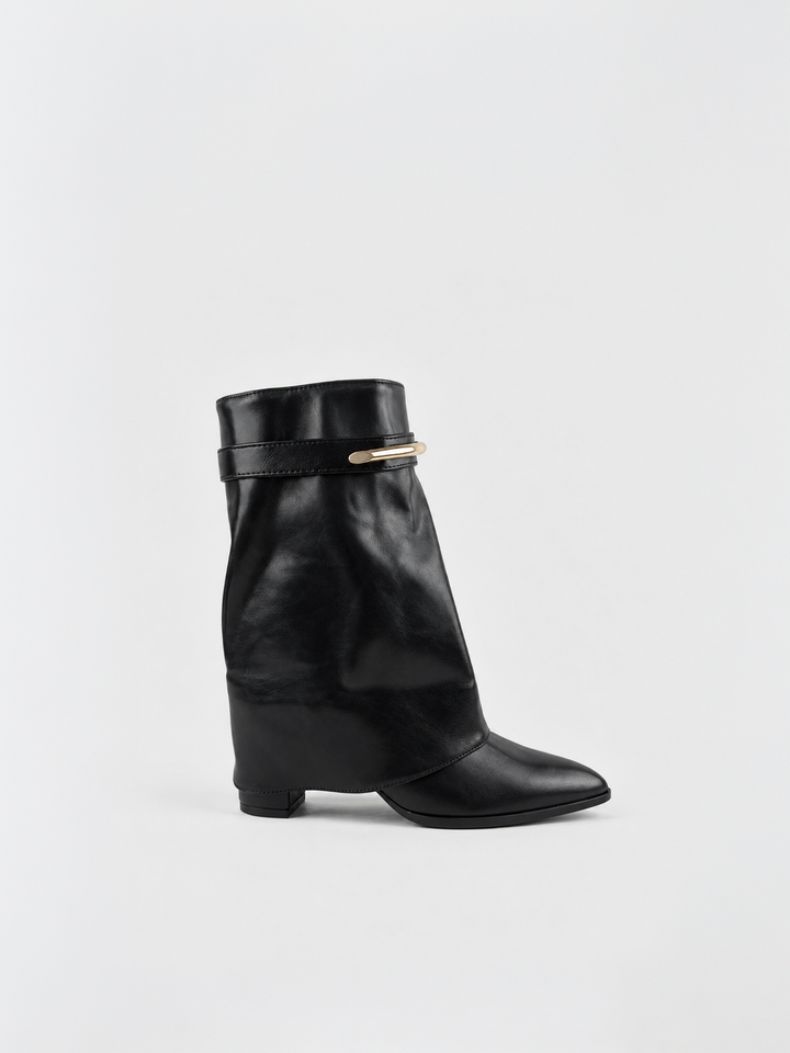 Black fold-over gold bar ankle boot faux leather – side view