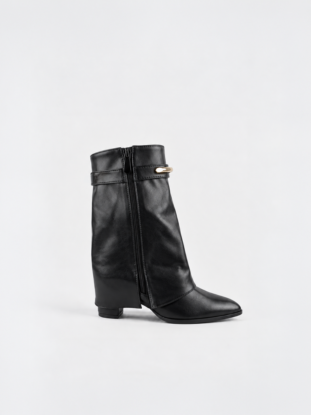 Black fold-over gold bar ankle boot faux leather – inner side view showing the zip