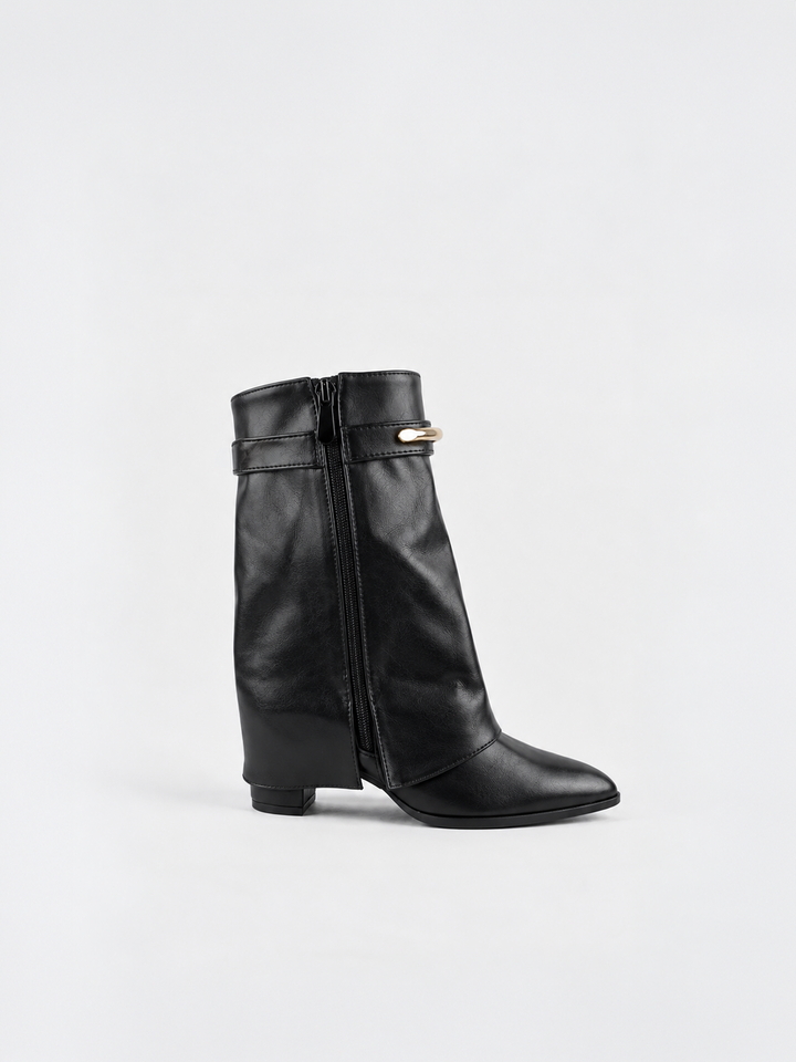 Black fold-over gold bar ankle boot faux leather – inner side view showing the zip