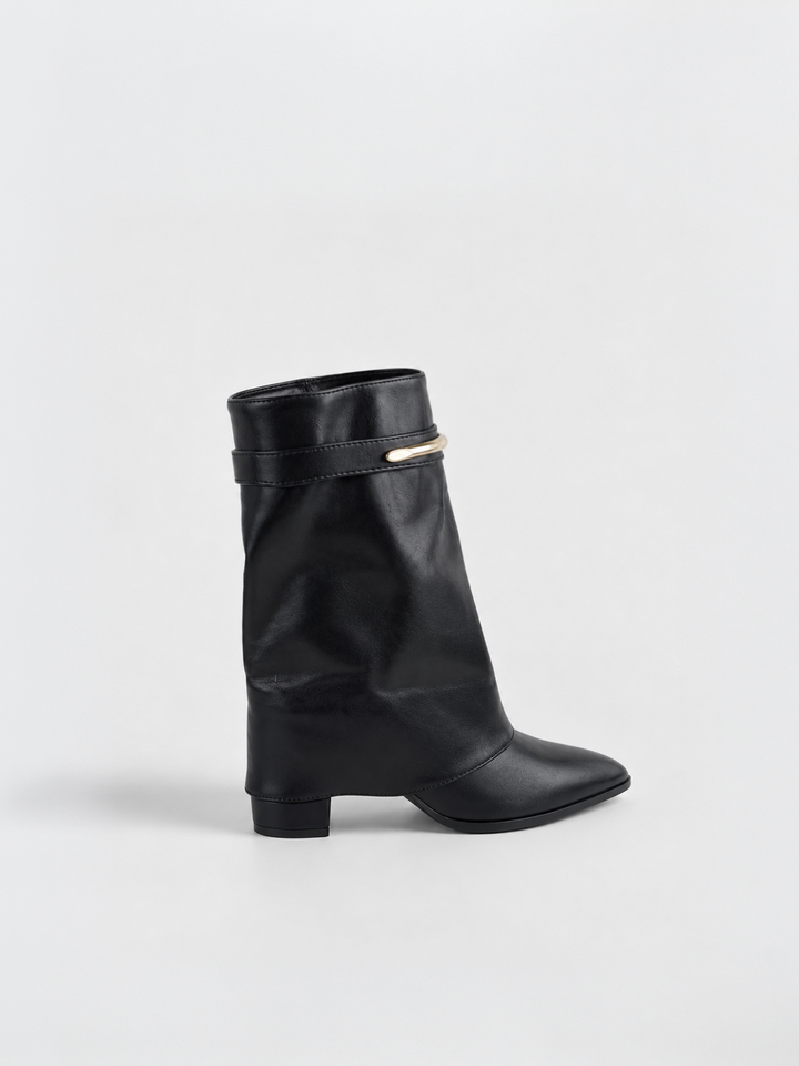 Black fold-over gold bar ankle boot faux leather – front three-quarter view