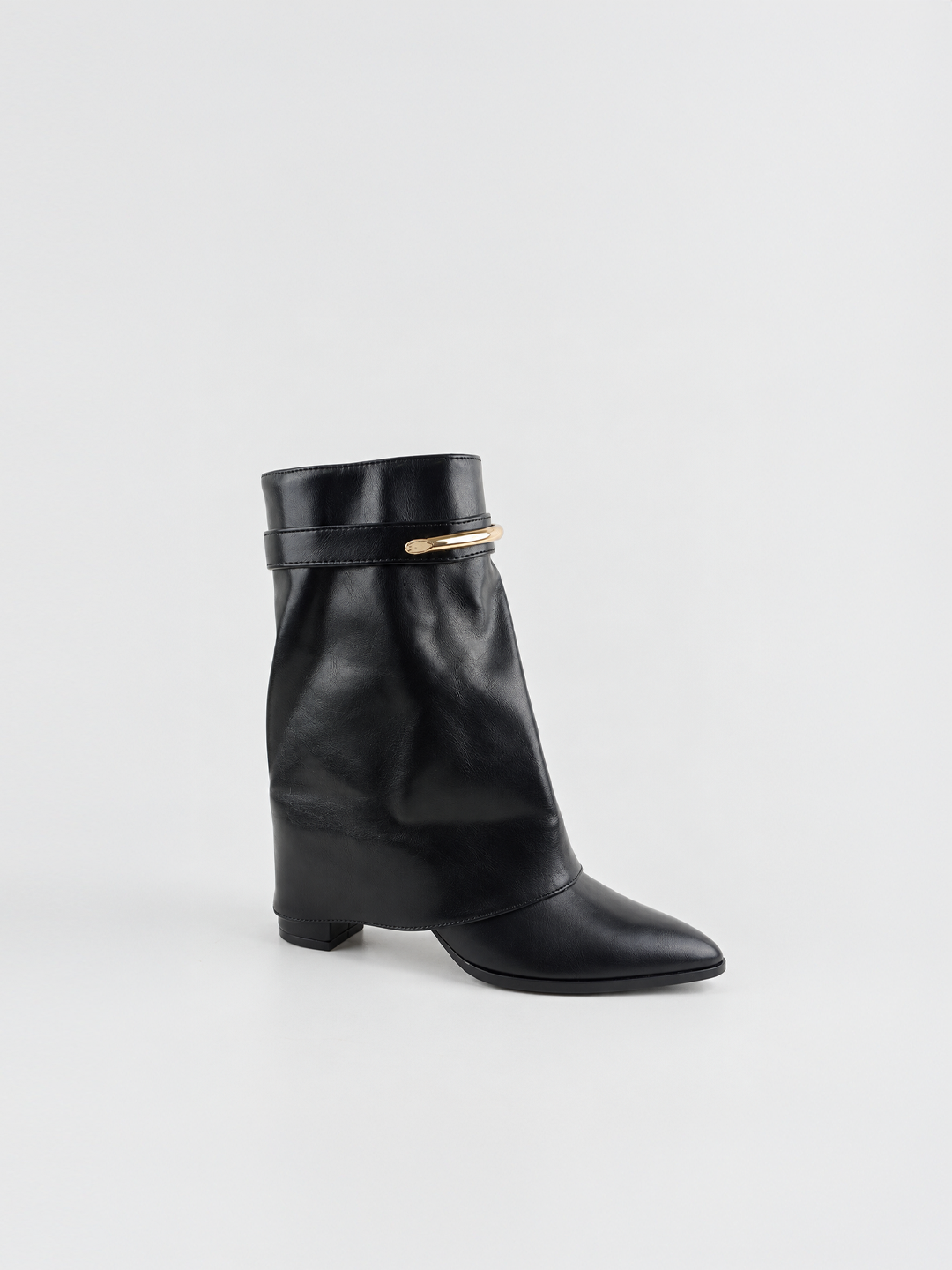 Black fold-over gold bar ankle boot faux leather – back three-quarter view