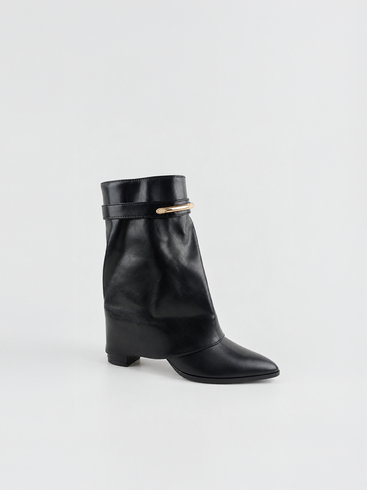 Black fold-over gold bar ankle boot faux leather – back three-quarter view