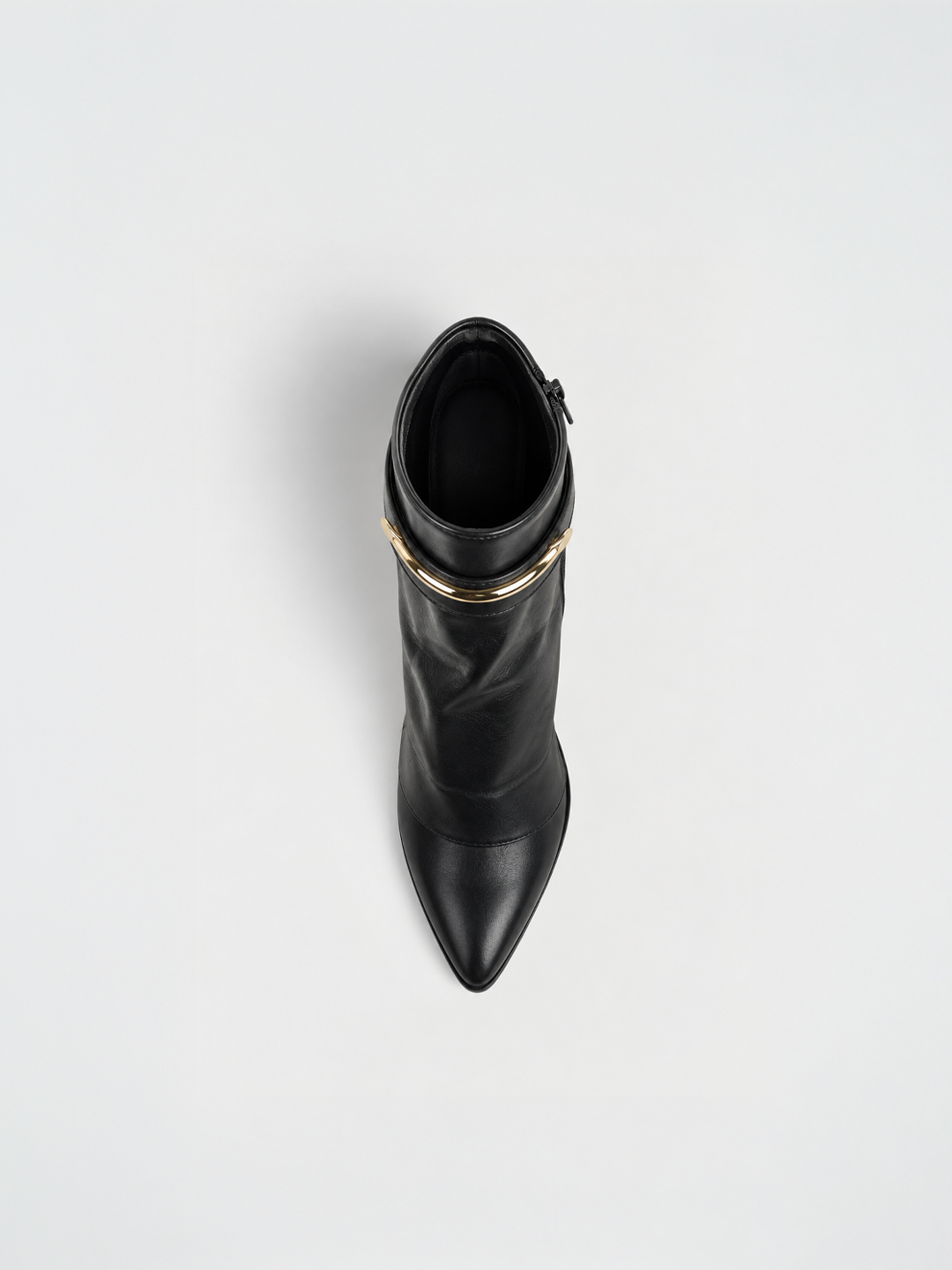 Black fold-over gold bar ankle boot faux leather – top view