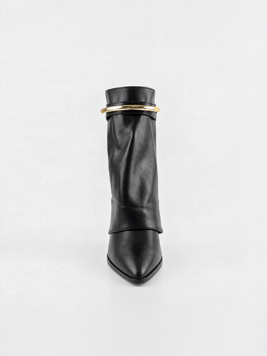 Black fold-over gold bar ankle boot faux leather – front view