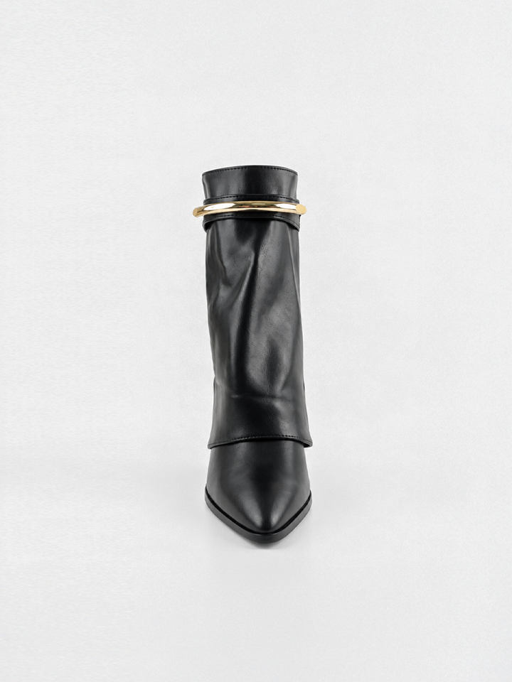 Black fold-over gold bar ankle boot faux leather – front view