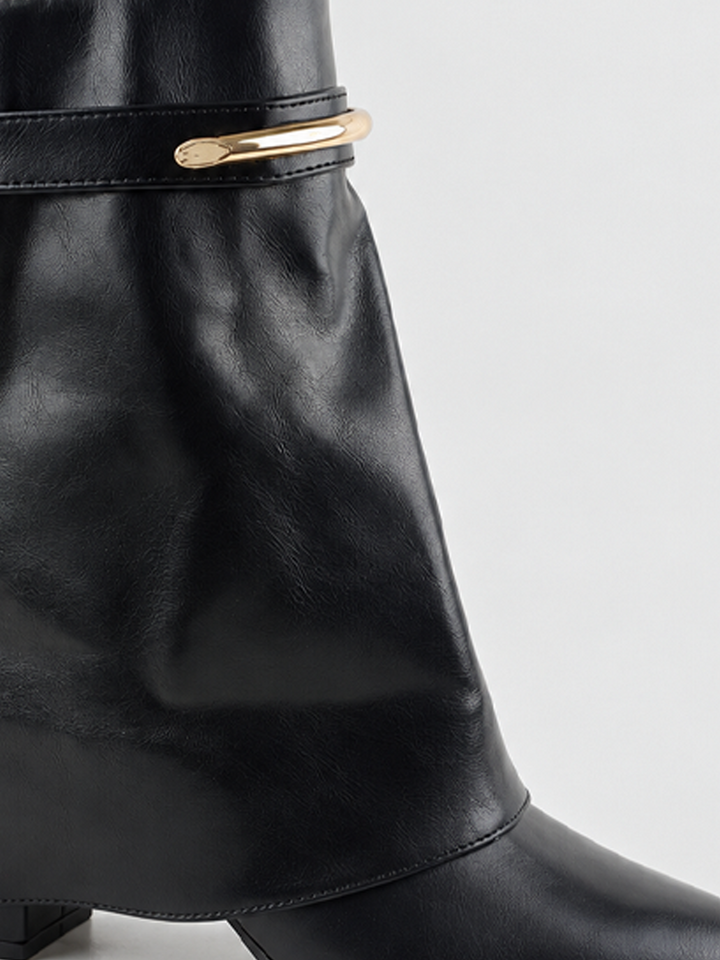Black fold-over gold bar ankle boot faux leather – fold-over shaft close-up