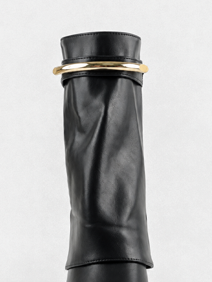 Black fold-over gold bar ankle boot faux leather – front view of the shaft