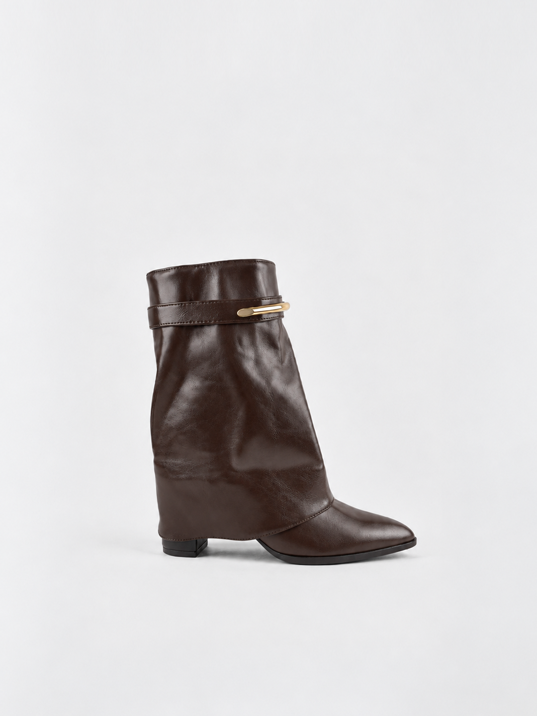 Brown fold-over gold bar ankle boot faux leather – side view