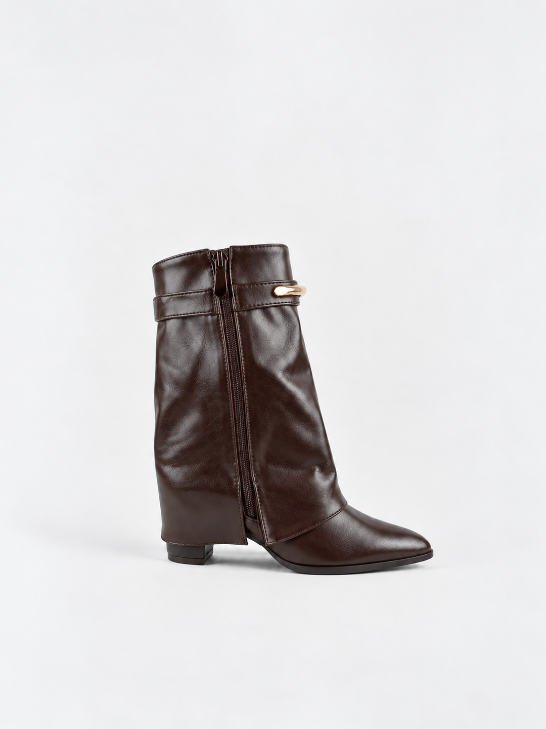 Brown fold-over gold bar ankle boot faux leather – inner side view showing the zip