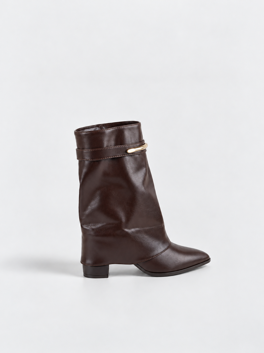 Brown fold-over gold bar ankle boot faux leather – front three-quarter view