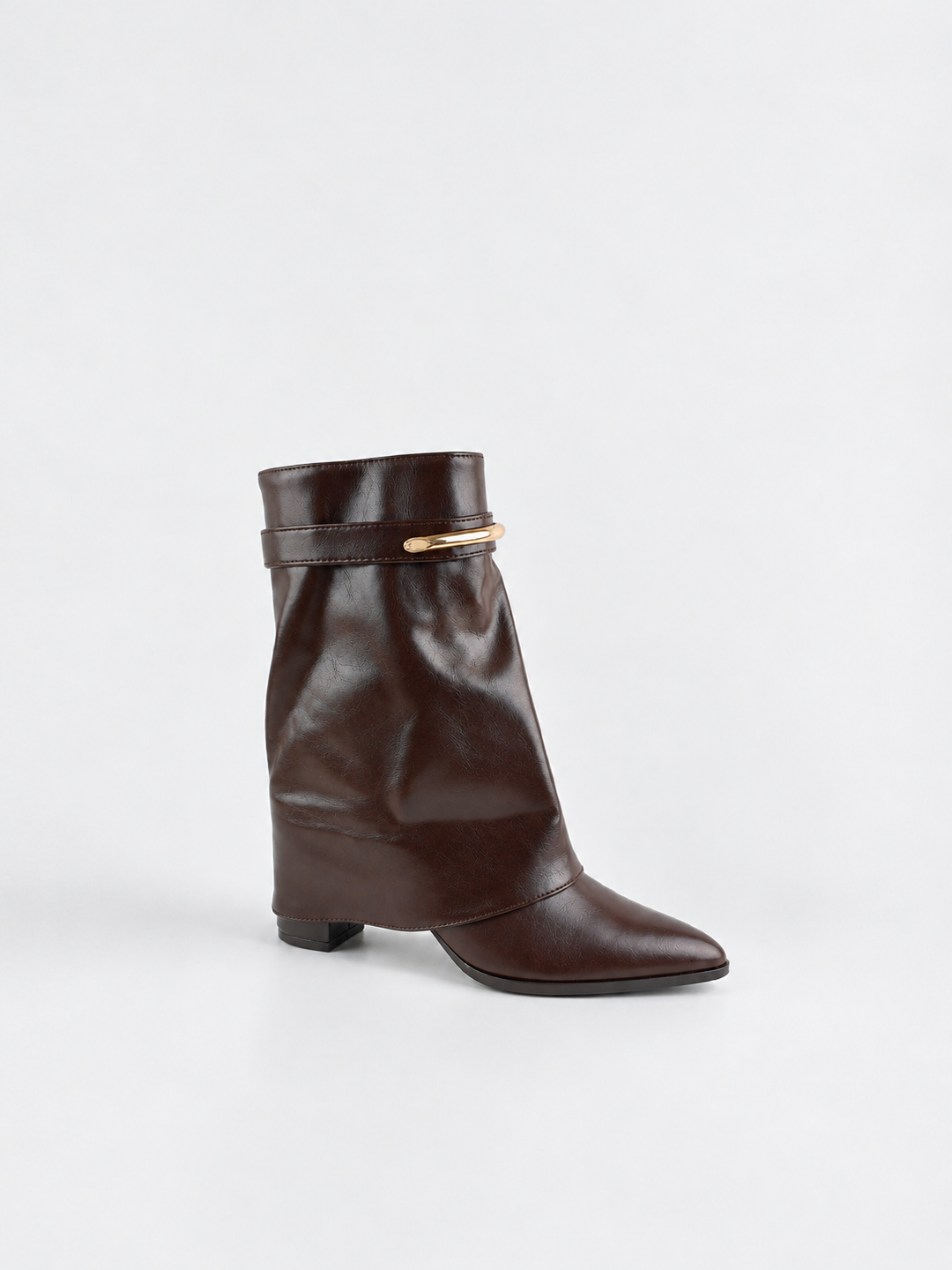 Brown fold-over gold bar ankle boot faux leather – back three-quarter view