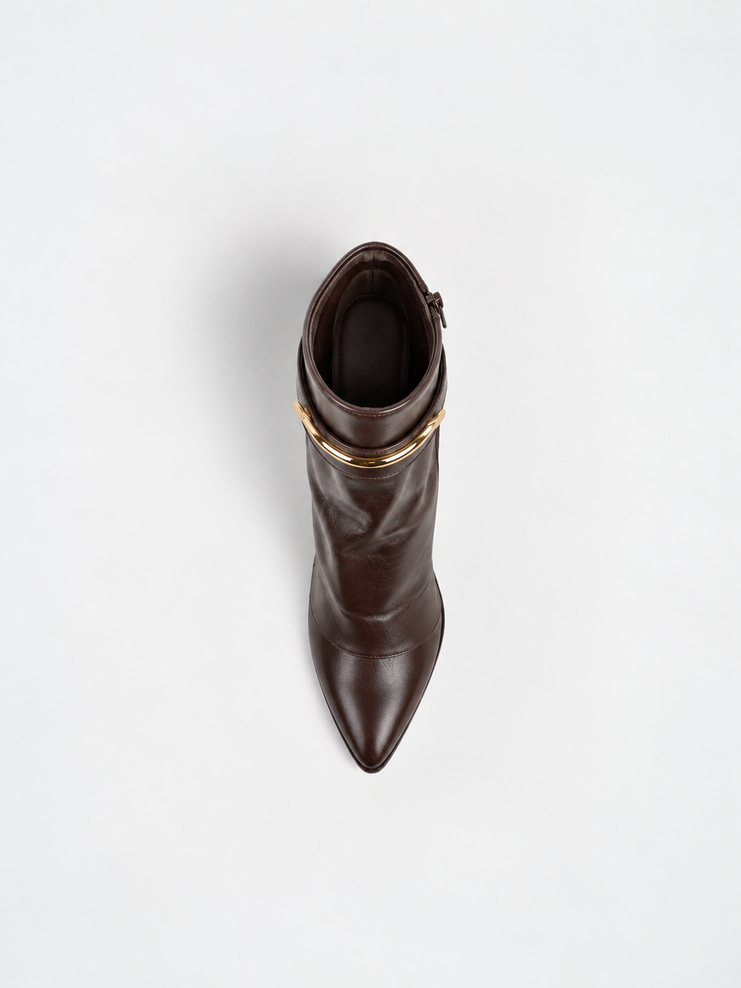 Brown fold-over gold bar ankle boot faux leather – top view