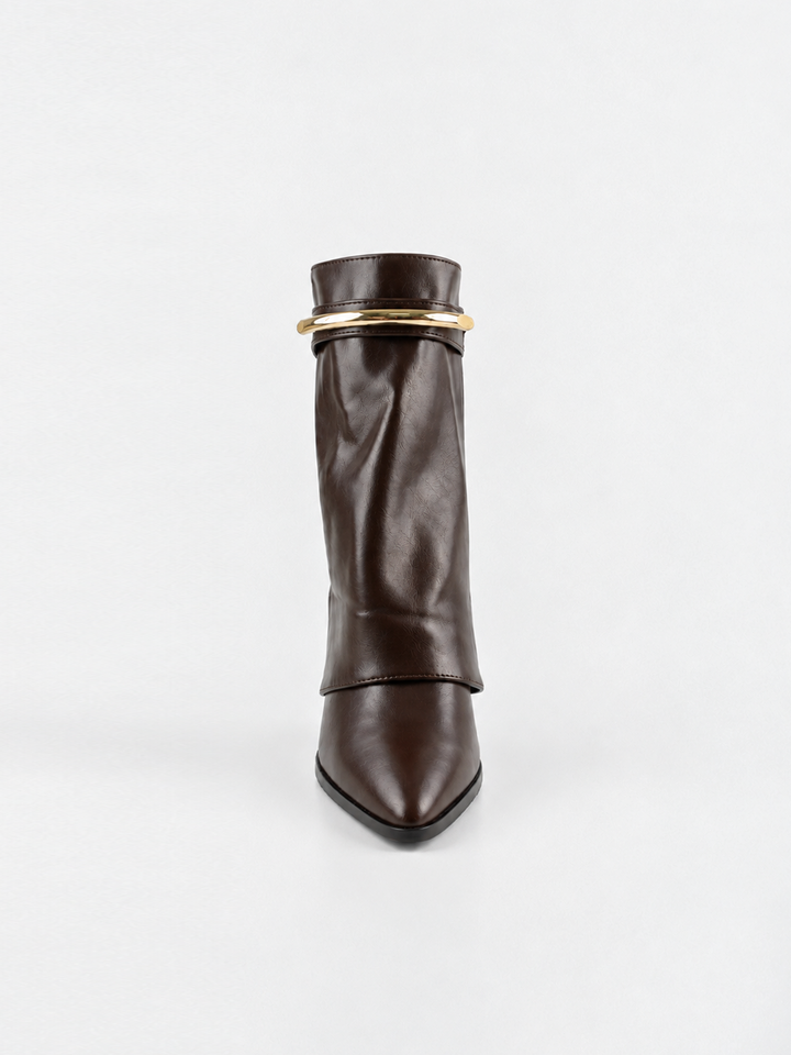 Brown fold-over gold bar ankle boot faux leather – front view