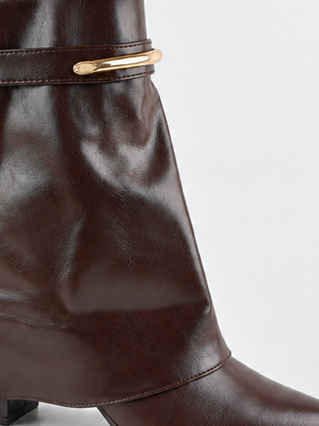 Brown fold-over gold bar ankle boot faux leather – fold-over shaft close-up
