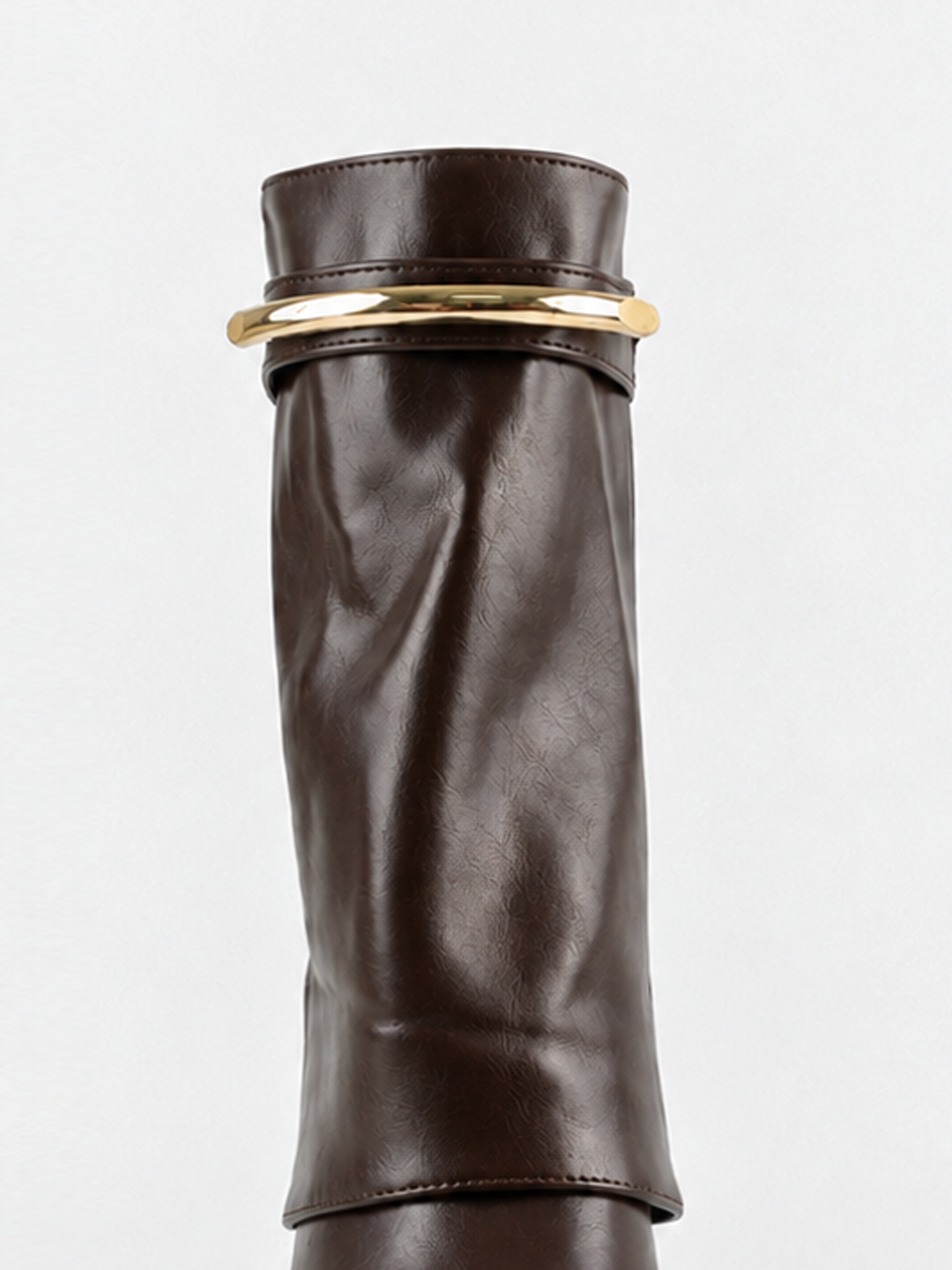 Brown fold-over gold bar ankle boot faux leather – front view of the shaft