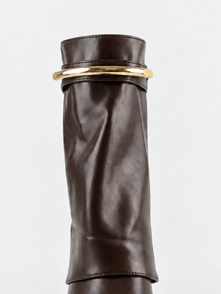 Brown fold-over gold bar ankle boot faux leather – front view of the shaft