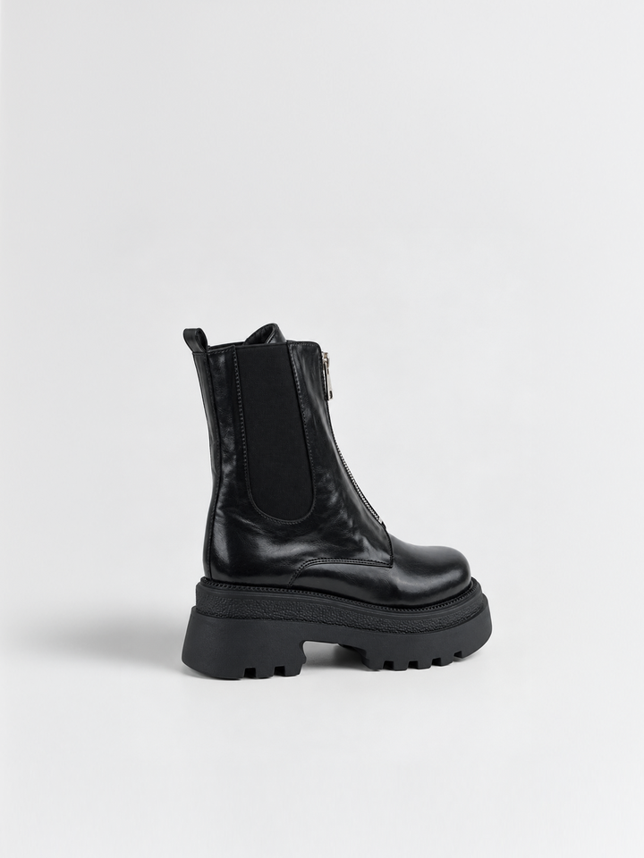 Black front-zip platform chelsea boot faux leather – back three-quarter view