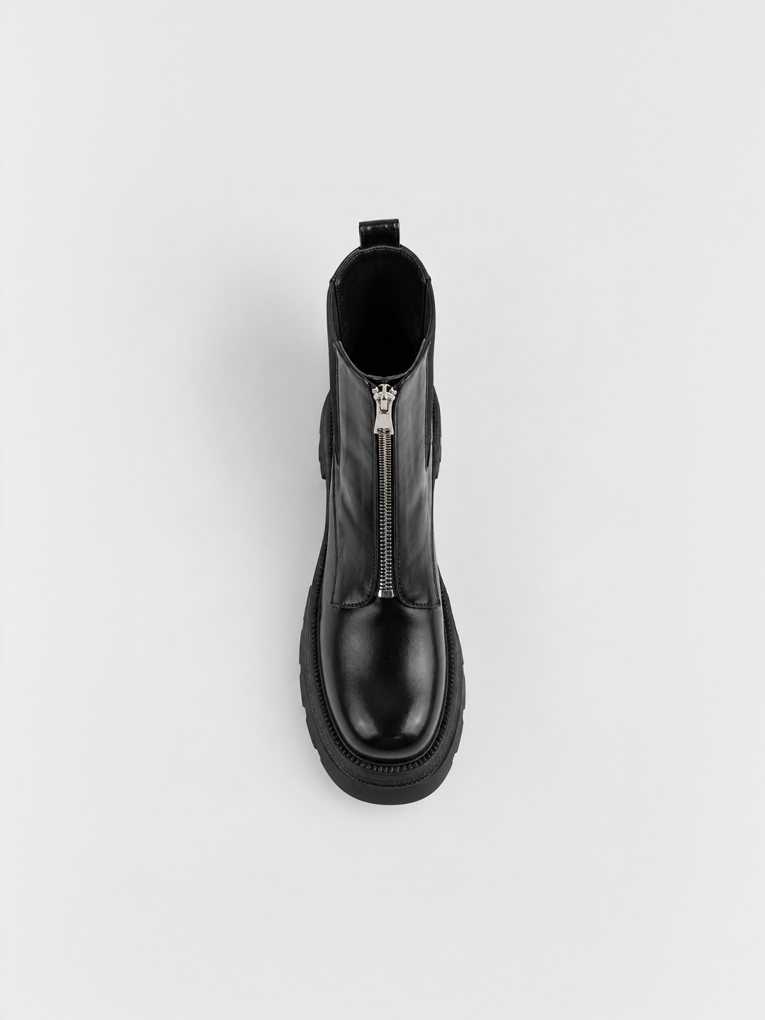 Black front-zip platform chelsea boot faux leather – top view